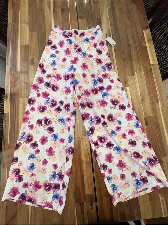 Bar III Pants - Sz S Printed Floral High Rise Wide-Leg Pull-On Pants w Pockets, White Pink Blue